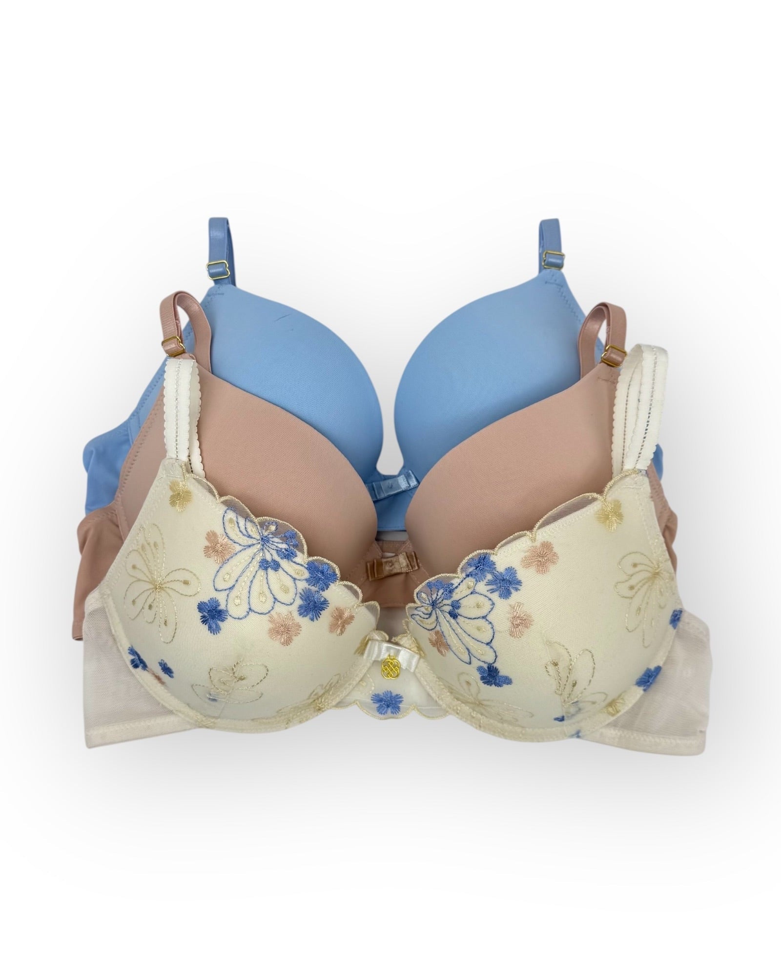 Floral-patterned bra with blue and beige sections on a white background