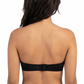 Woman wearing a black strapless bra on a white background