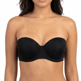 Woman wearing a black strapless bra on a white background