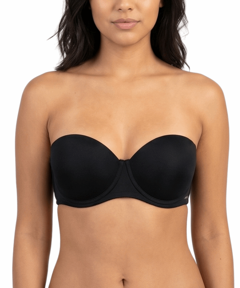 Woman wearing a black strapless bra on a white background