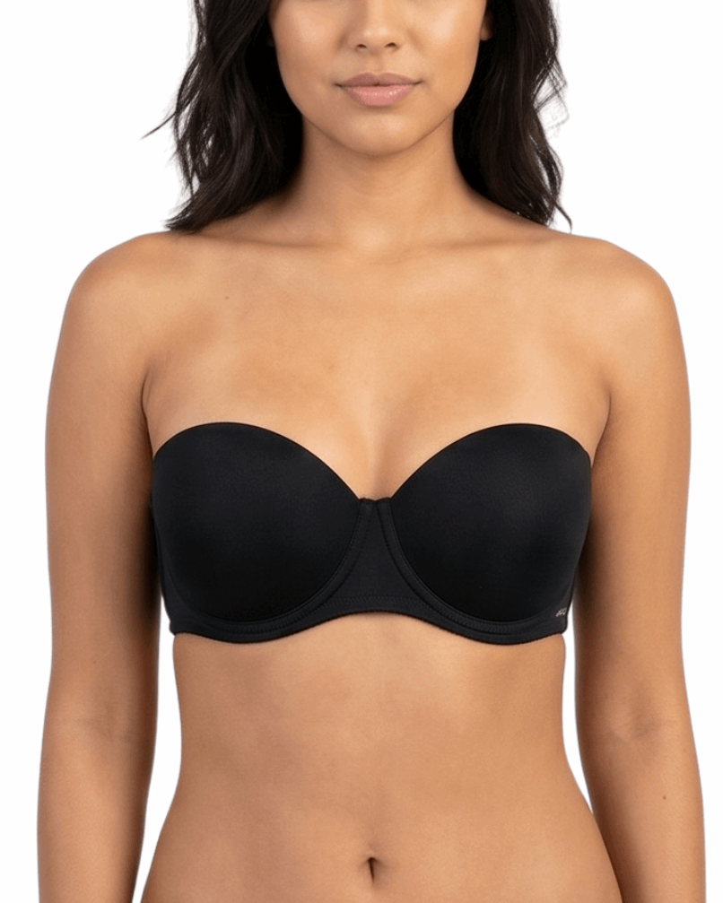 Woman wearing a black strapless bra on a white background