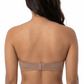 Woman wearing a mocha strapless bra on a white background