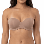 Woman wearing a mocha strapless bra on a white background