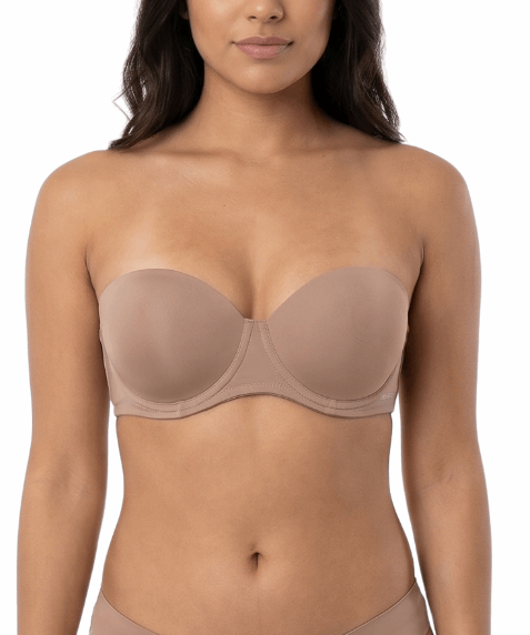 Woman wearing a mocha strapless bra on a white background