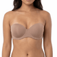 Woman wearing a mocha strapless bra on a white background