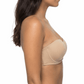 Woman wearing a nude strapless bra on a white background