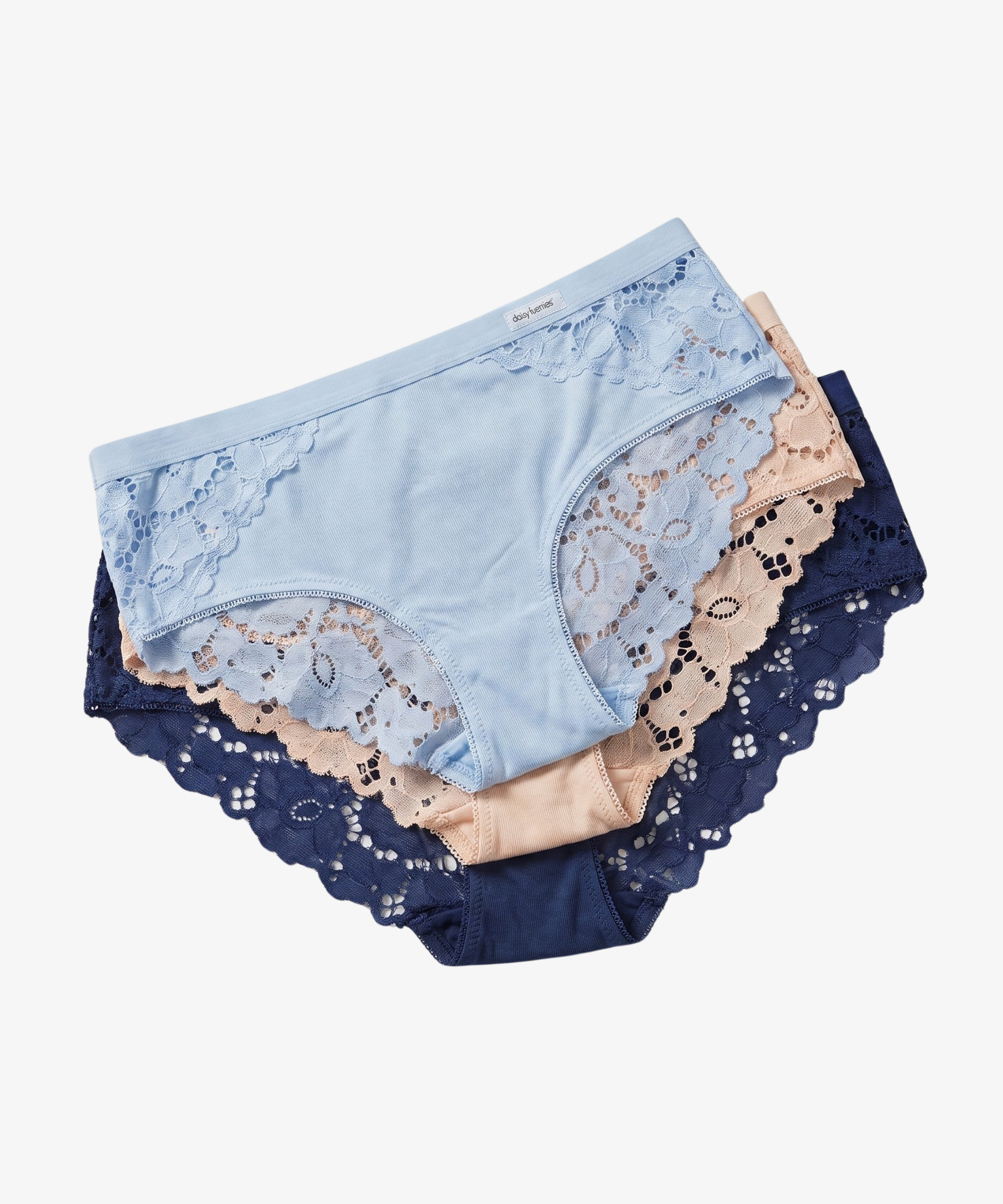 A three-pack of women's lace-trimmed briefs in light blue, beige, and navy, arranged in a fan shape on a light gray background.