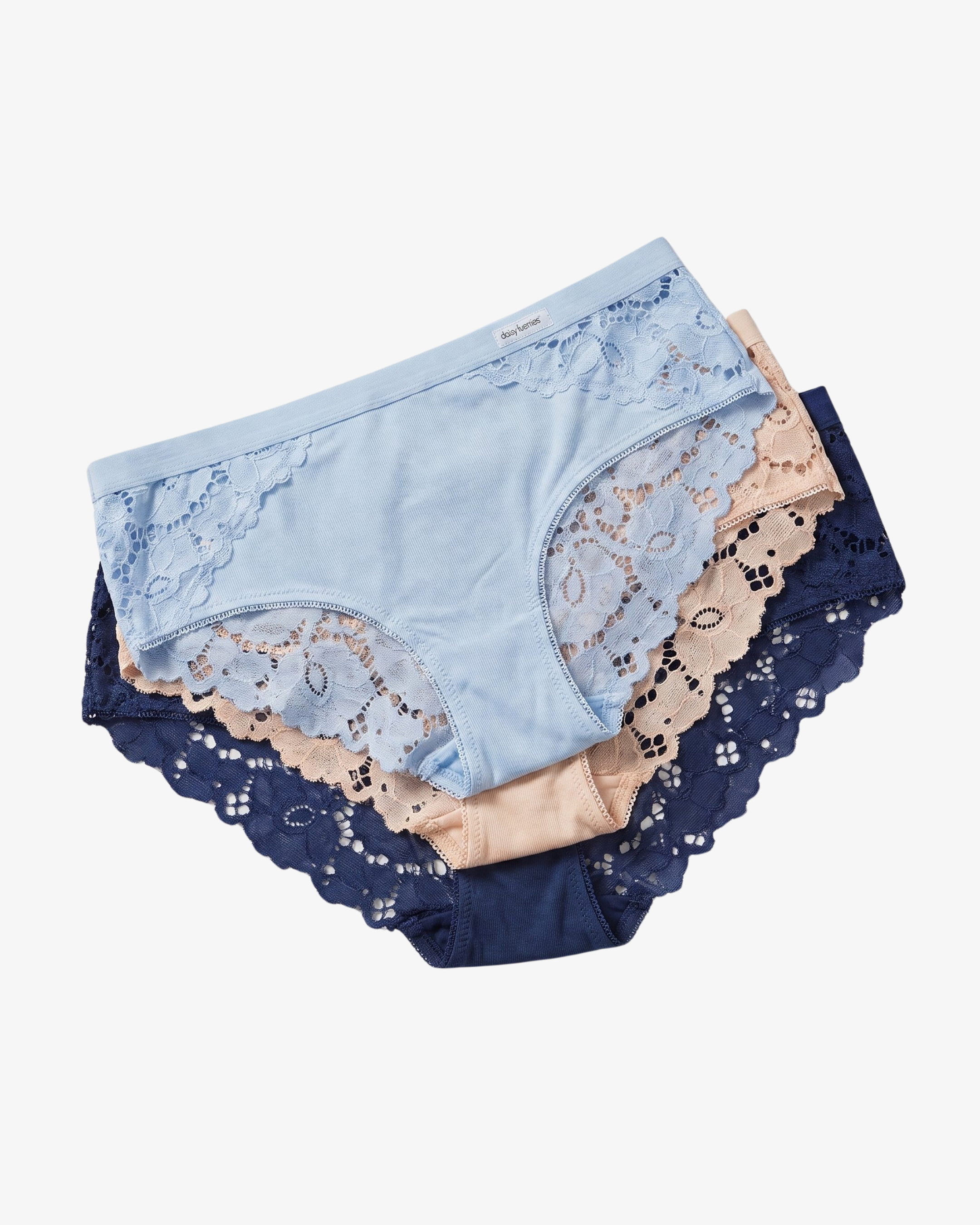 A three-pack of women's lace-trimmed briefs in light blue, beige, and navy, arranged in a fan shape on a light gray background.