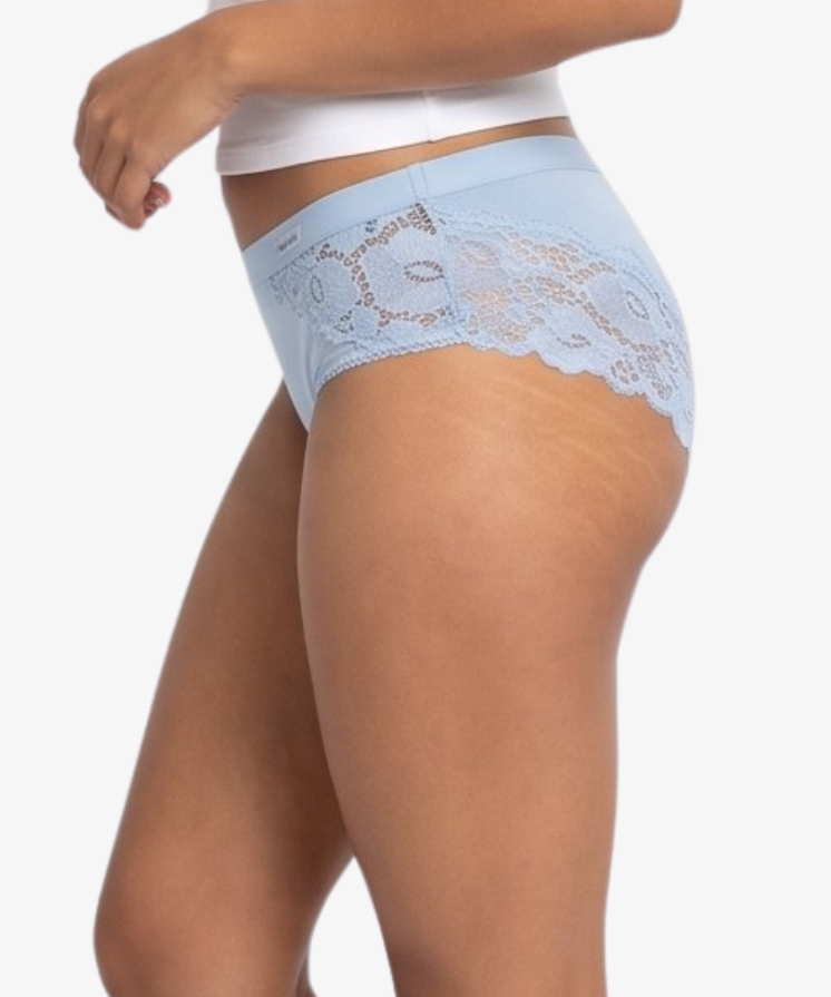 A woman modeling a  light blue high-waisted briefs against a plain light gray background.