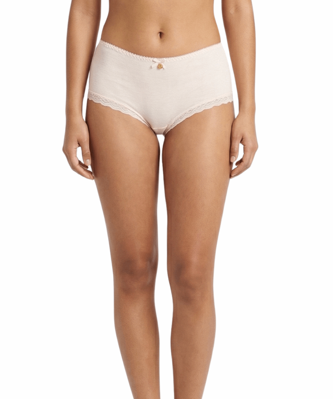 Woman wearing a beige panty on a white background