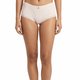 Woman wearing a beige panty on a white background