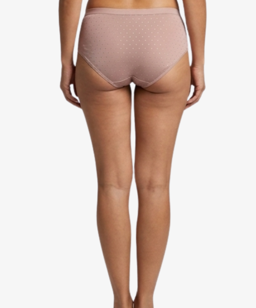 Rear view of a model wearing briefs in a dusty rose pink color, set against a plain white background.