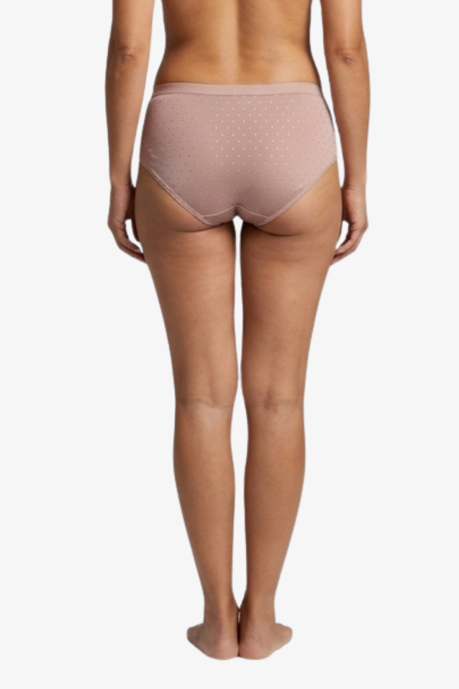 Rear view of a model wearing briefs in a dusty rose pink color, set against a plain white background.