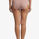Rear view of a model wearing briefs in a dusty rose pink color, set against a plain white background.