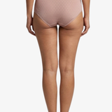 Rear view of a model wearing briefs in a dusty rose pink color, set against a plain white background.