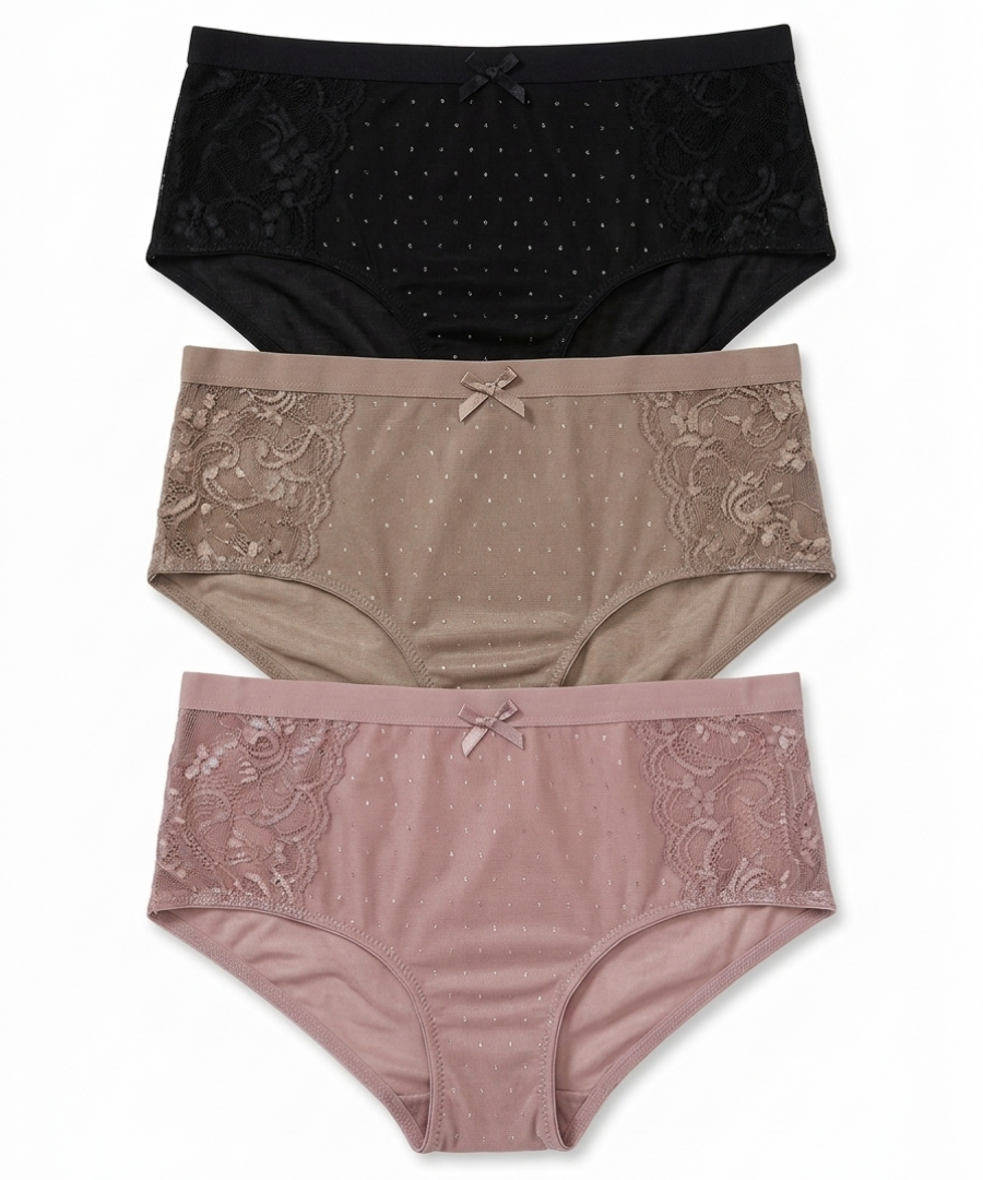 Three pairs of women's high-waisted briefs stacked vertically on a white background. The top pair is black with subtle polka dots and lace trim.