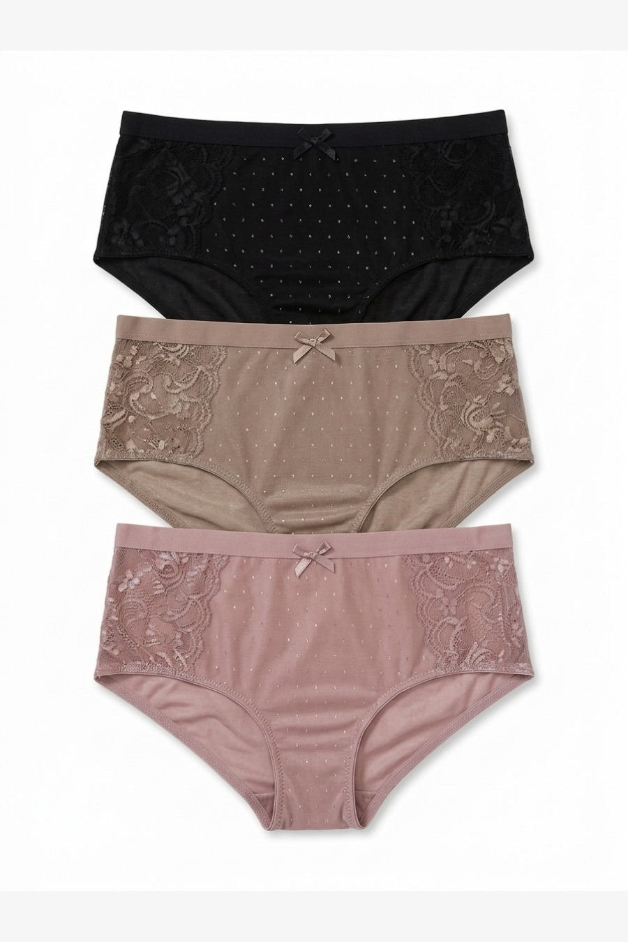 Three pairs of women's high-waisted briefs stacked vertically on a white background. The top pair is black with subtle polka dots and lace trim.