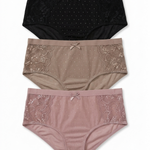 Three pairs of women's high-waisted briefs stacked vertically on a white background. The top pair is black with subtle polka dots and lace trim.