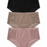 Three pairs of women's high-waisted briefs stacked vertically on a white background. The top pair is black with subtle polka dots and lace trim.
