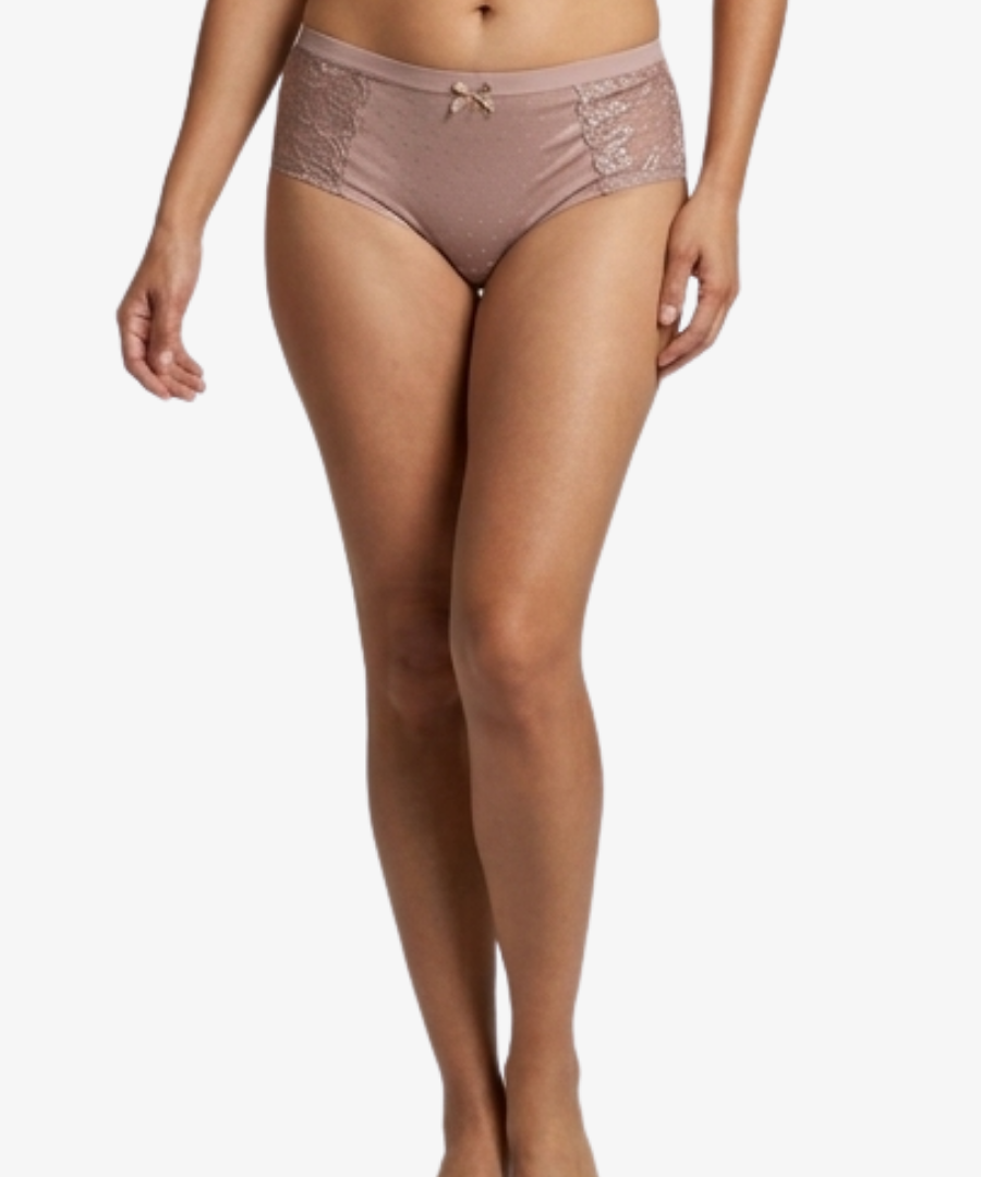 A model wearing dusty rose pink lace panties, shown from the waist down against a plain white background.