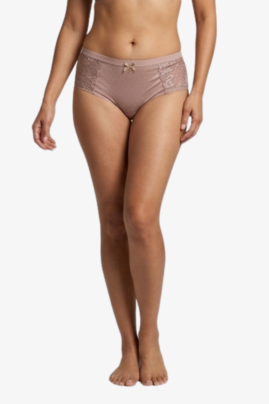 A model wearing dusty rose pink lace panties, shown from the waist down against a plain white background.