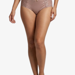 A model wearing dusty rose pink lace panties, shown from the waist down against a plain white background.