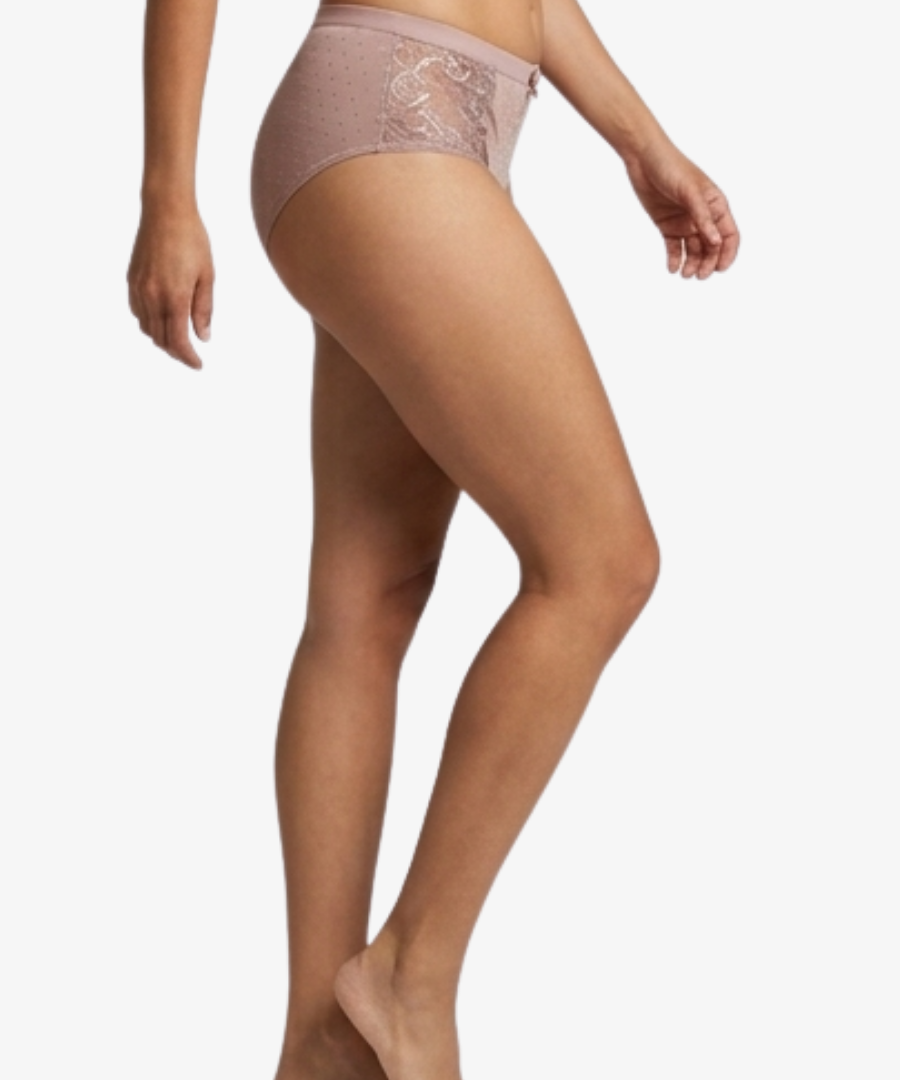 A model wearing a pair light pink lace-trimmed briefs, shown from a side profile against a plain white background.