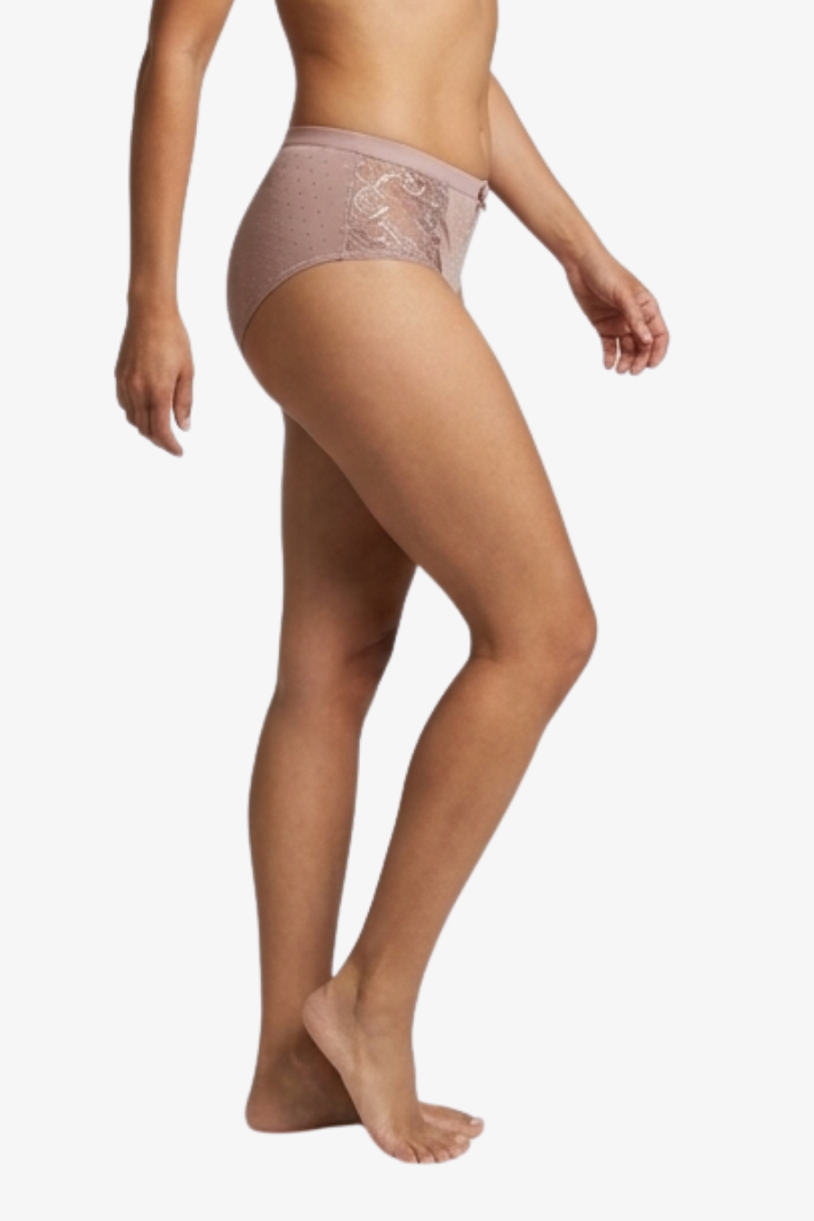 A model wearing a pair light pink lace-trimmed briefs, shown from a side profile against a plain white background.