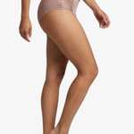 A model wearing a pair light pink lace-trimmed briefs, shown from a side profile against a plain white background.