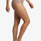 A model wearing a pair light pink lace-trimmed briefs, shown from a side profile against a plain white background.