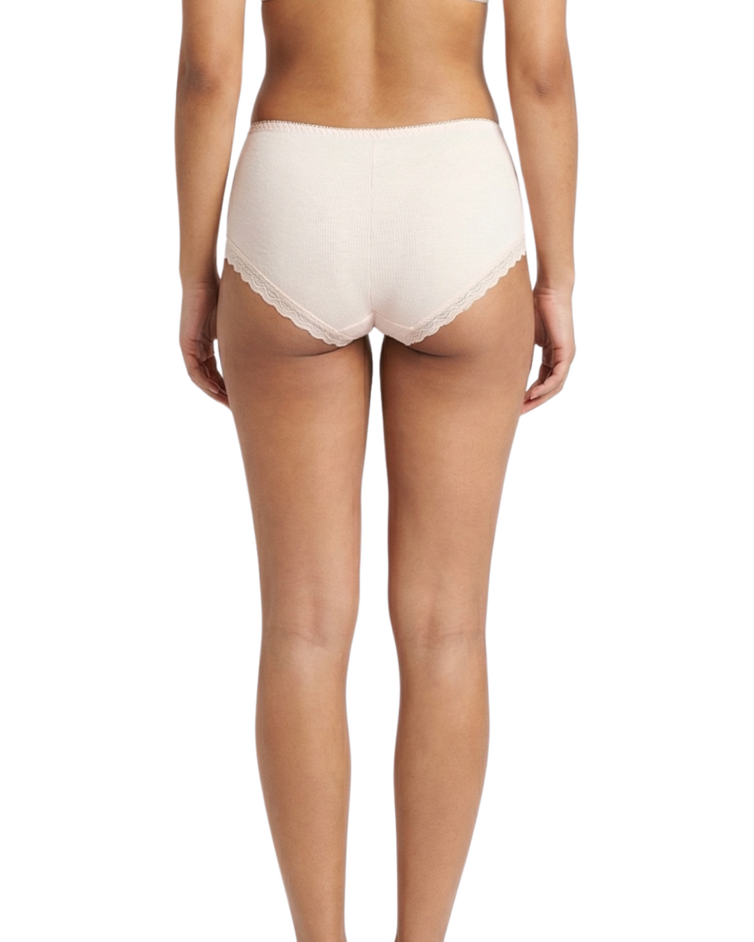 Woman wearing a beige panty on a white background