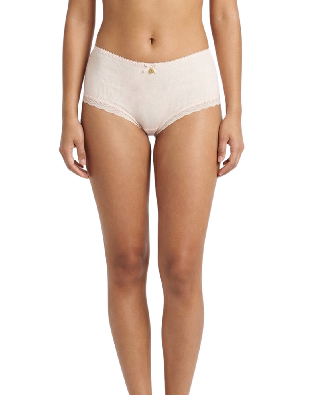 Woman wearing a beige panty on a white background