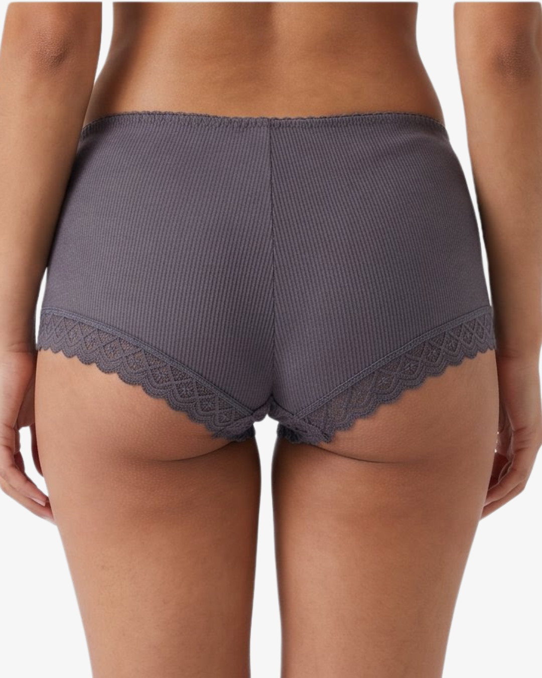 Rear view of a model wearing ribbed boyleg grey underwear with scalloped lace trim at the leg openings, against a plain light background.
