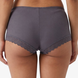 Rear view of a model wearing ribbed boyleg grey underwear with scalloped lace trim at the leg openings, against a plain light background.