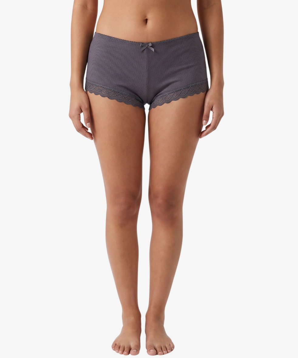 A model is shown from the waist down wearing a pair of dark gray lace-trimmed boyleg panties against a plain white background
