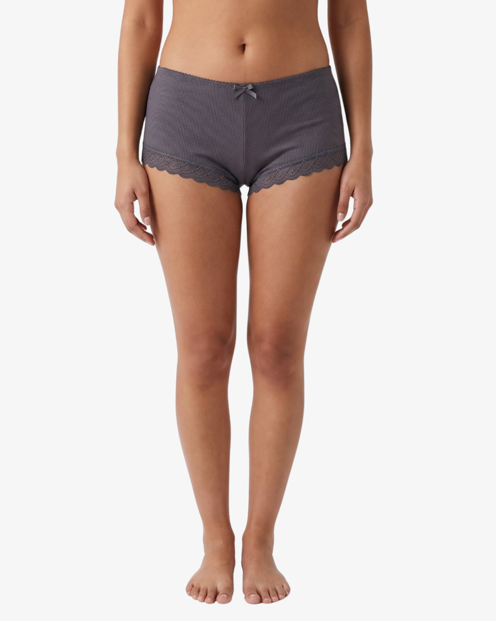 A model is shown from the waist down wearing a pair of dark gray lace-trimmed boyleg panties against a plain white background