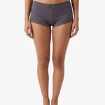 A model is shown from the waist down wearing a pair of dark gray lace-trimmed boyleg panties against a plain white background