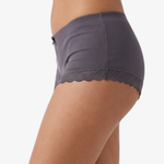 A close-up side view of a model wearing ribbed boyleg  grey underwear with a scalloped lace hem against a plain light background.