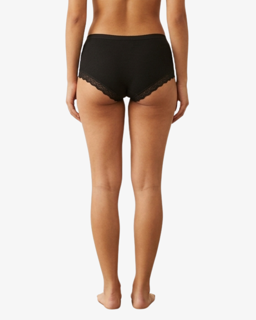 A model shown from the back wearing black bosyshorts, against a plain light gray background.