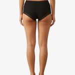 A model shown from the back wearing black bosyshorts, against a plain light gray background.