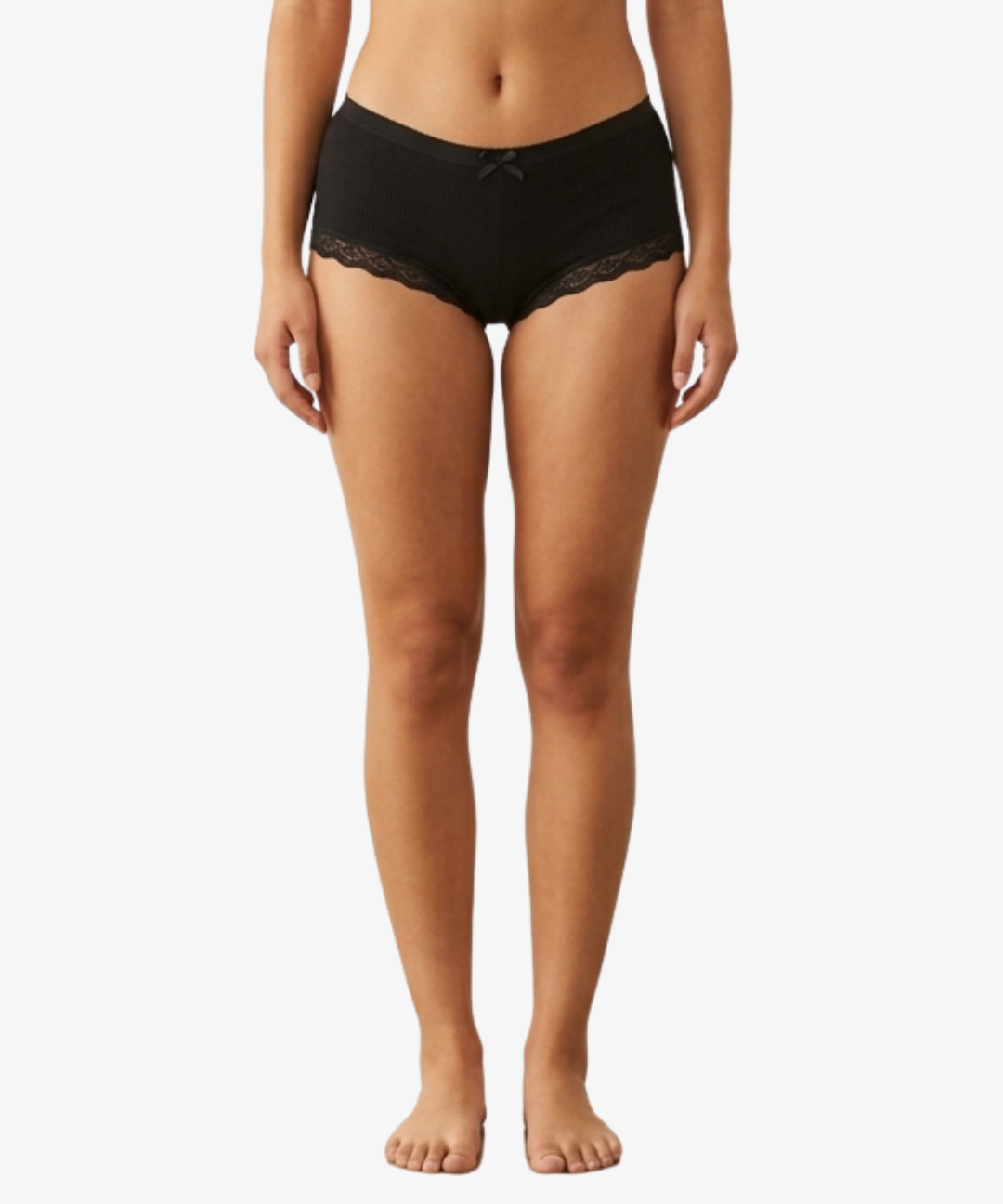 Black lace-trimmed briefs worn by a model, shown from the waist down against a plain white background.