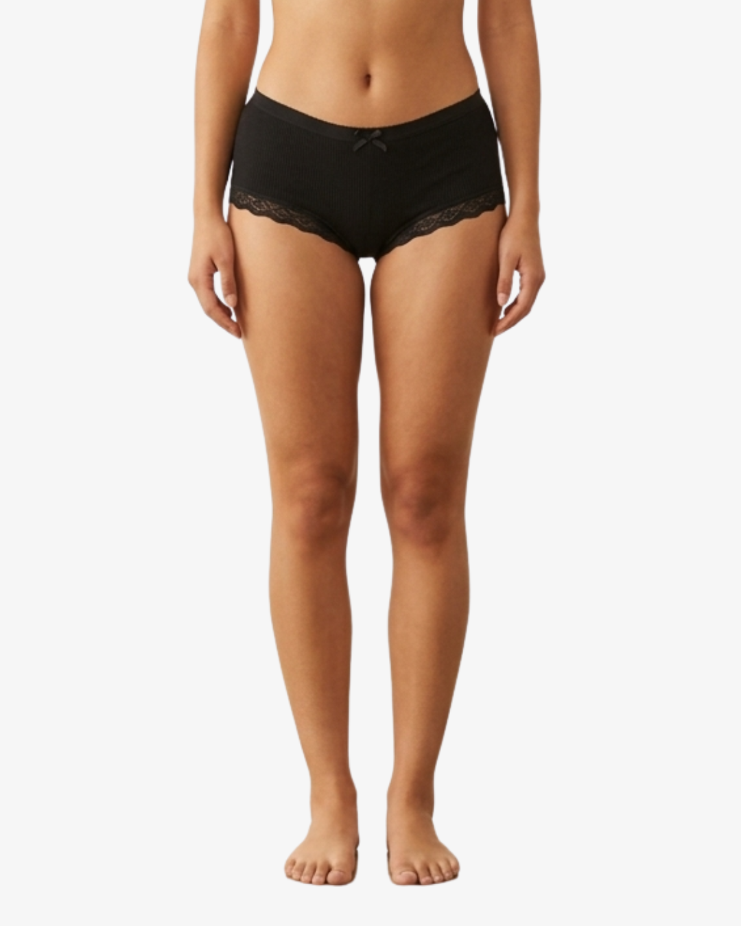 Black lace-trimmed briefs worn by a model, shown from the waist down against a plain white background.