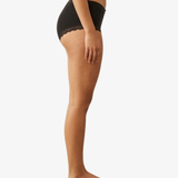 Side view of a model wearing black high-waisted briefs with a delicate lace trim at the hip, shown against a plain white background.