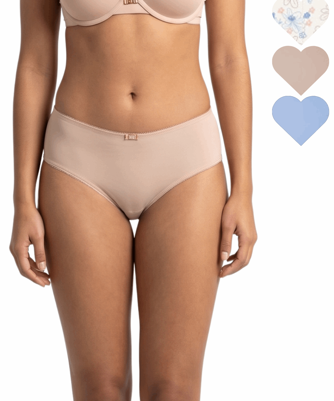 Beige underwear worn by a model with color swatches on a white background