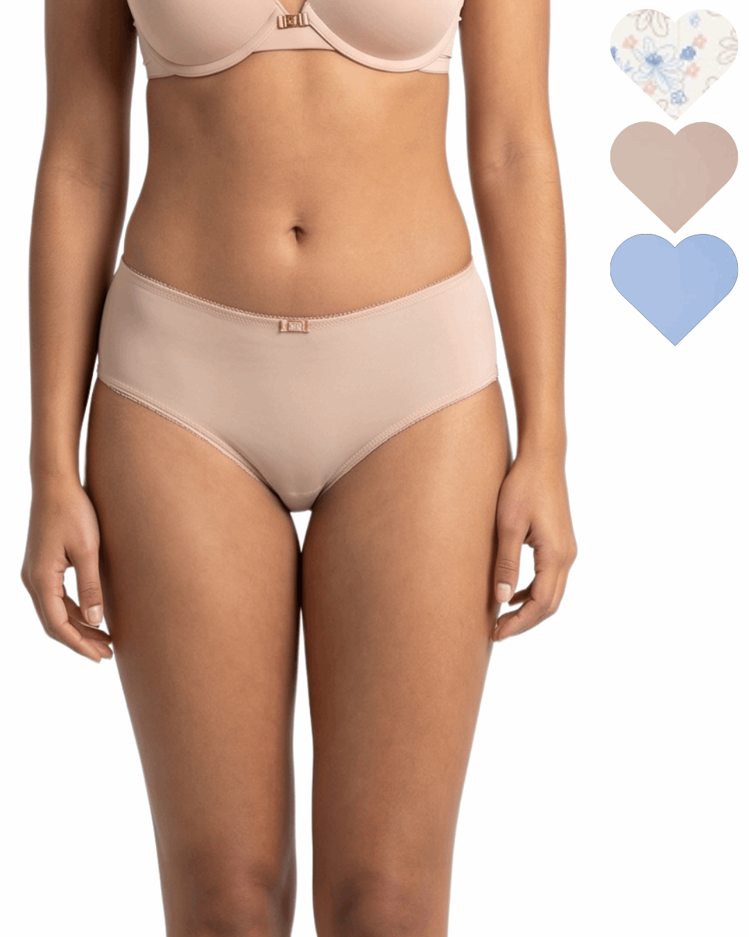 Beige underwear worn by a model with color swatches on a white background