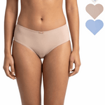 Beige underwear worn by a model with color swatches on a white background