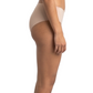 Woman wearing a beige shapewear garment on a white background