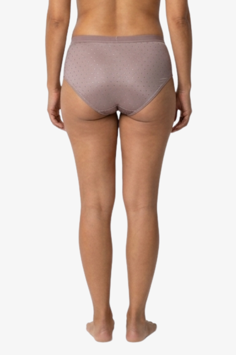 Rear view of a model wearing high-waisted, seamless underwear in a dusty mauve color, shown against a plain white background.