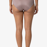 Rear view of a model wearing high-waisted, seamless underwear in a dusty mauve color, shown against a plain white background.