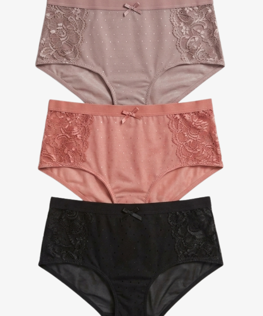 Three pairs of women's lace panties stacked vertically on a light gray background. The top pair is dusty rose, the middle pair is dusty pink, and the bottom pair is black.